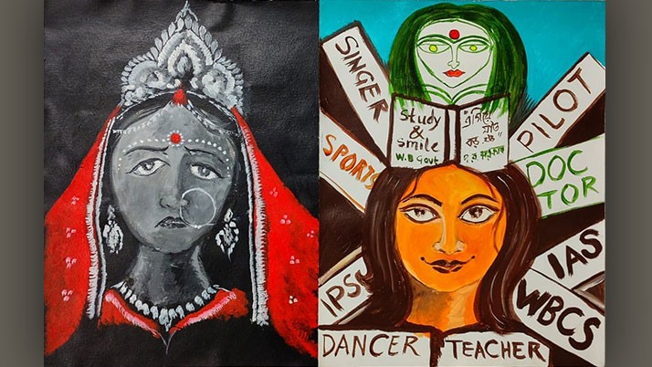 Government officials campaigning against child marriage through a novel drawing