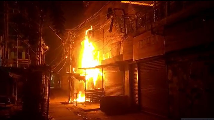 A terrible fire in the city of Burdwan on a winter night. Three small shop with one shop burnt down