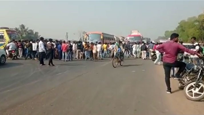 Villagers block the national highway demanding the flyover
