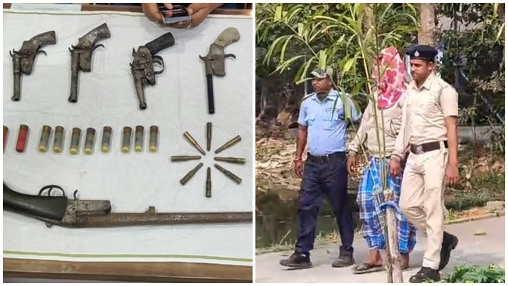 Five country pistols, country guns and 41 cartridges were recovered from Magrahat