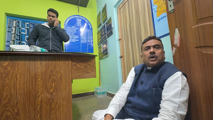 Allegations of an attack on Suvendu Adhikari's convoy in Chandrakona; the Leader of the Opposition staged a sit-in protest at the police outpost against the police's inaction.