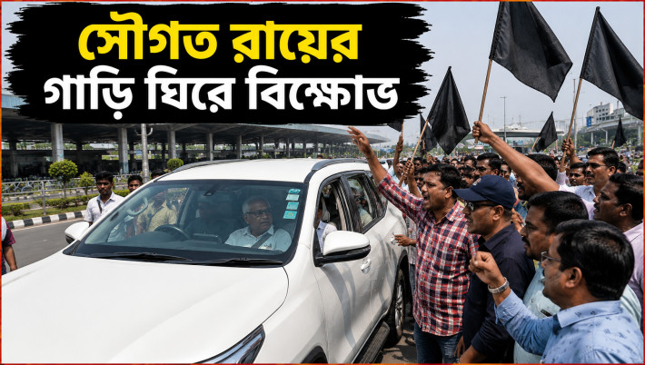 Protest around Saugata Roy's car at the airport, chanting 'thief, thief'