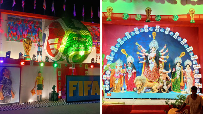 World Cup fever at the Durga Puja pandal! 'Purba Satgachia Sanghati' features a unique theme: encouraging children to return to the playing field, inspired by the love for football.
